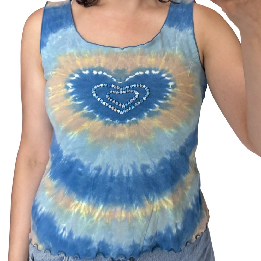 Vintage Santiki Tie Dye Beaded Heart Tank Top Blue Large